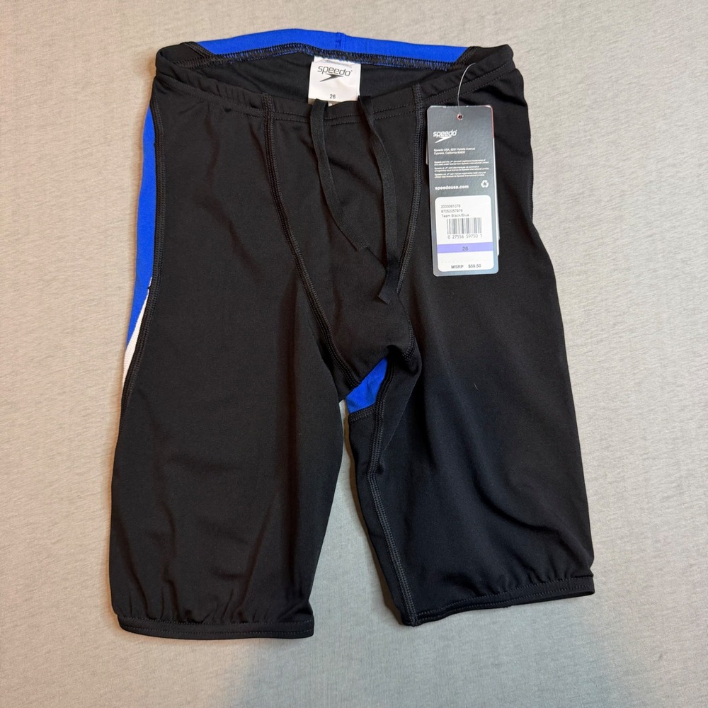 Speedo Endurance+ Jammer Swimsuit Mens 26 Black Blue 87052257976 NWT